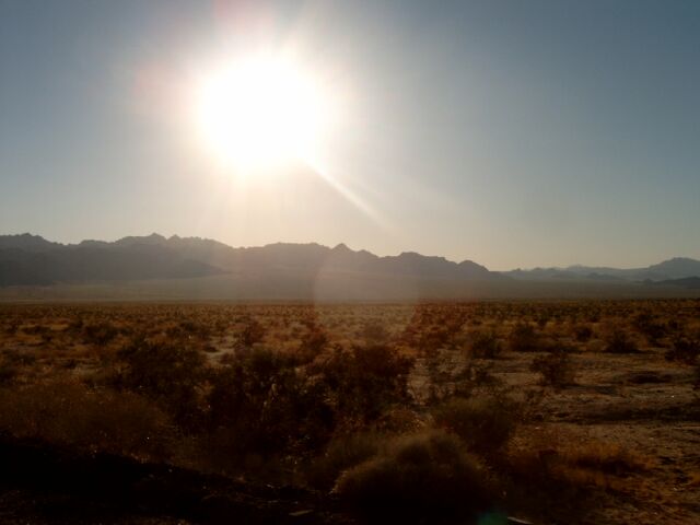 On CA highway 177 through the Mojave desert, Joshua Tree NP shows up at the horizon.