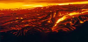 Glowing lava flowing down from Kilauea vulcano